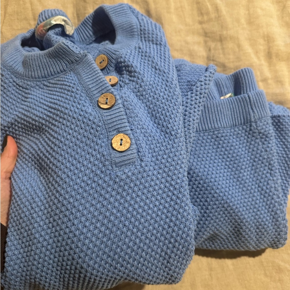 Blue Knit Sweater with Wooden Buttons